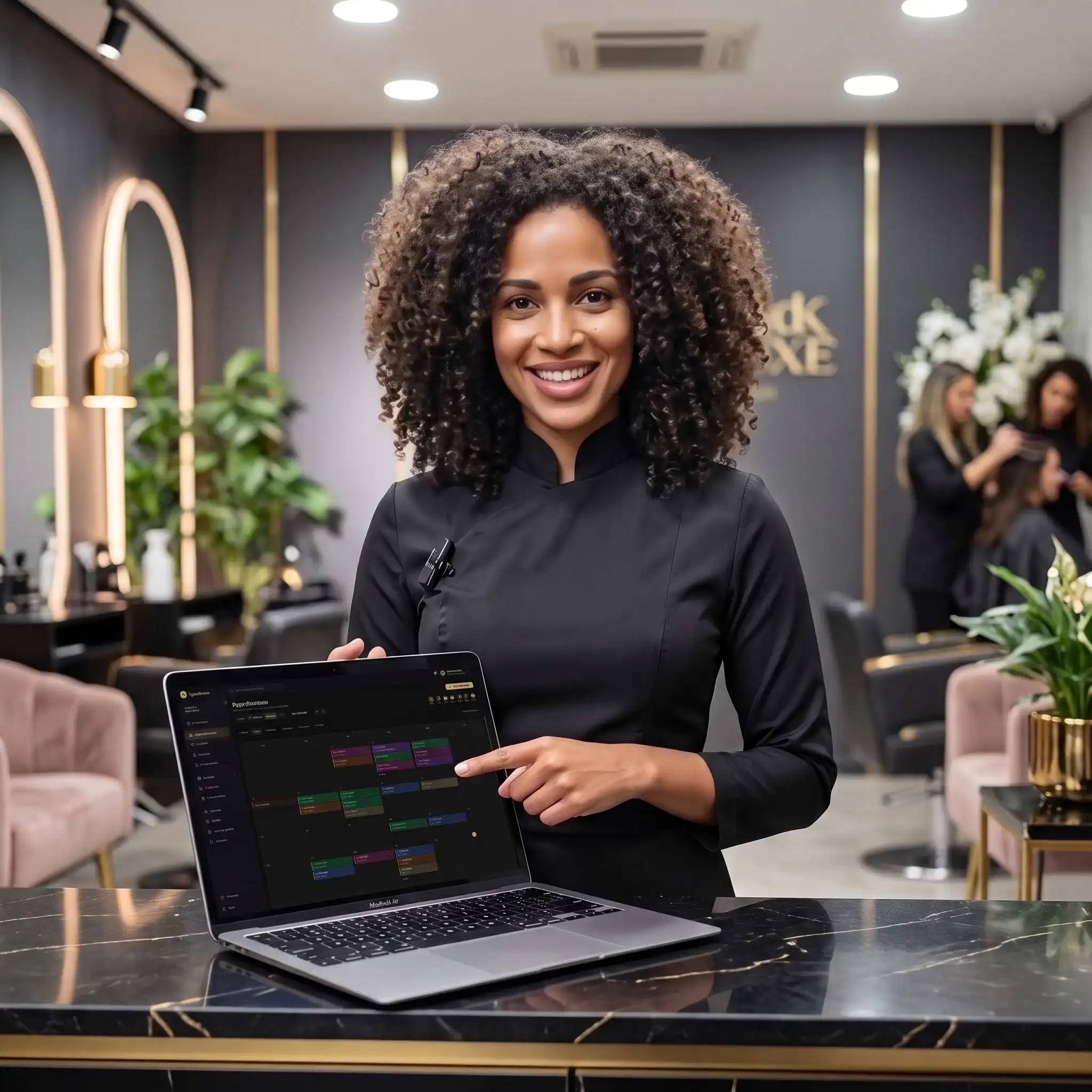 Recepcionista em balcão de salão de beleza usando notebook com sistema de agendamento aberto na tela